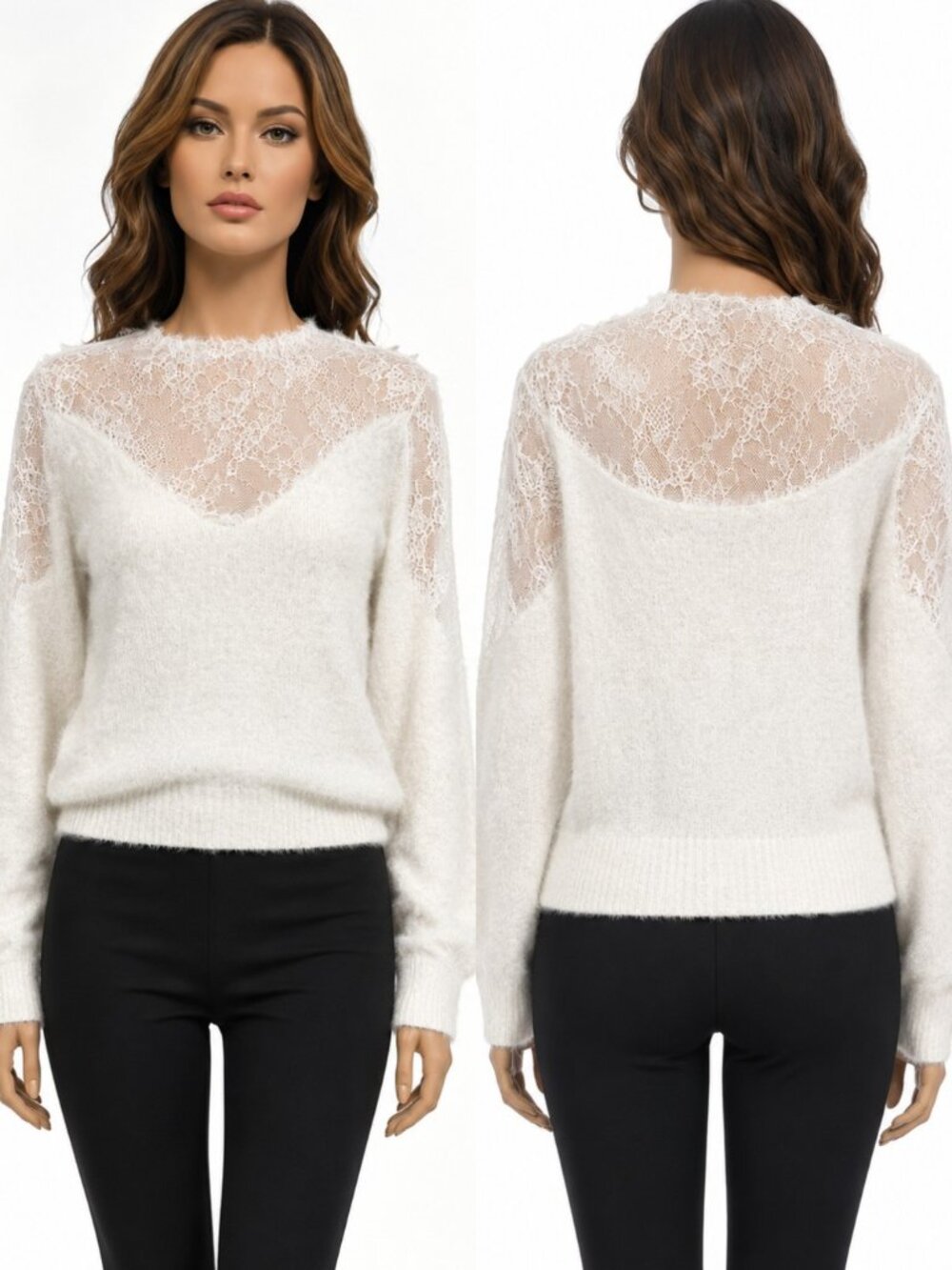 Unbranded Ivory Lace yoke fizzy Knit Sweater Women's small long sleeve crew neck